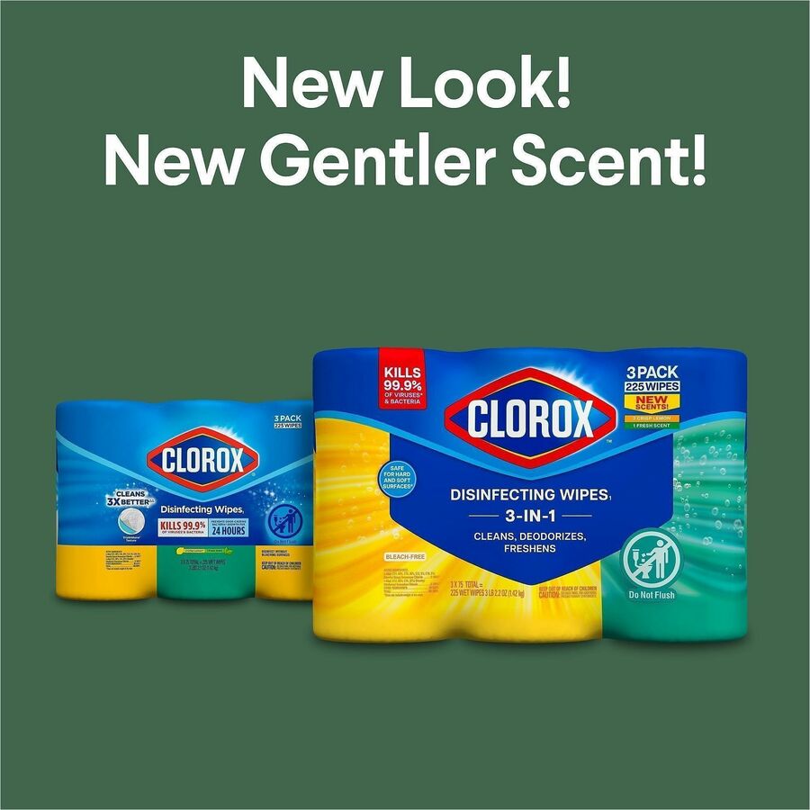 Clorox Disinfecting Bleach Free Cleaning Wipes Value Pack - Ready-To-Use - Fresh, Crisp Lemon Scent - 75 / Canister - 12 / Carton - Easy to Use, Bleach-free - White