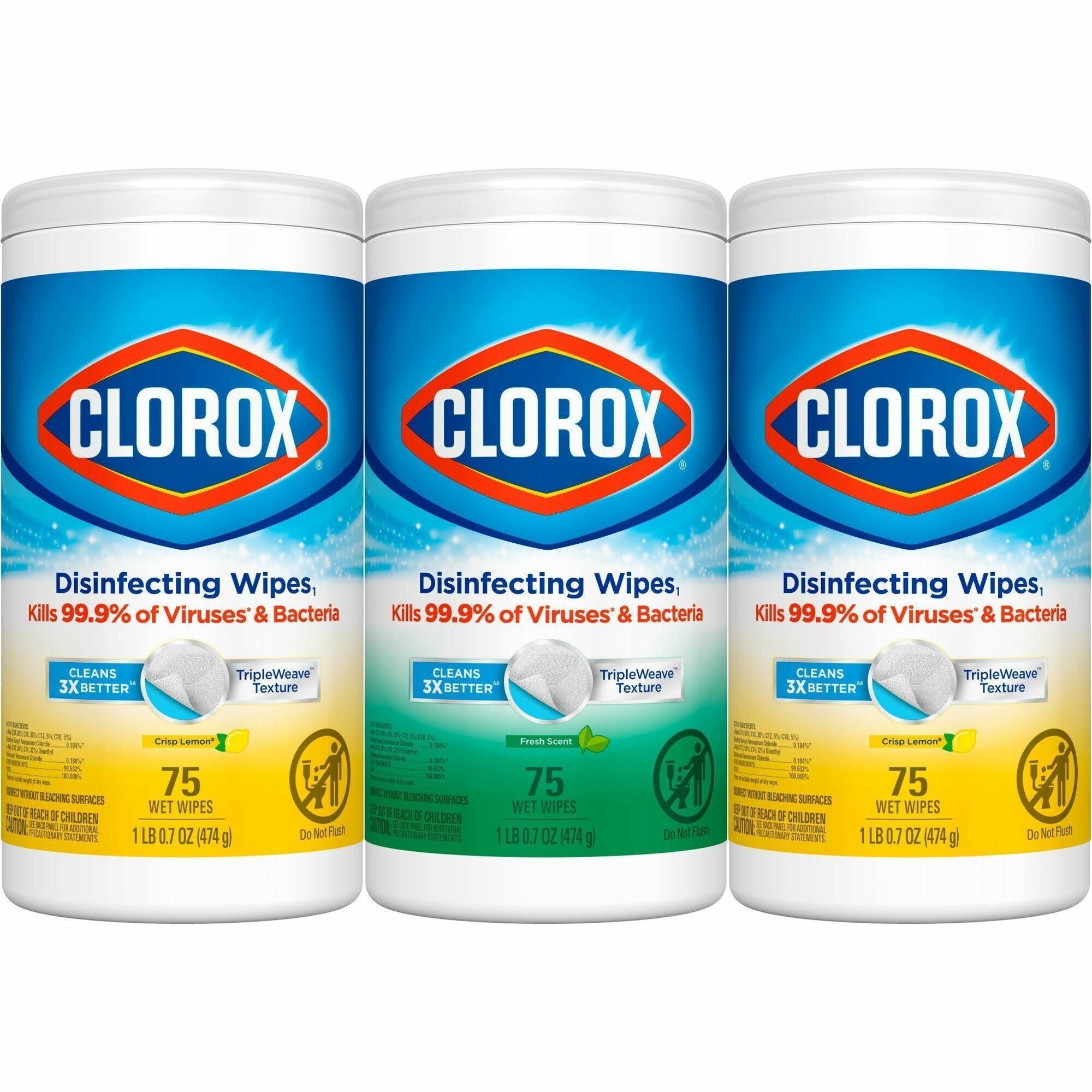 Clorox Disinfecting Bleach Free Cleaning Wipes Value Pack - Ready-To-Use - Fresh, Crisp Lemon Scent - 75 / Canister - 12 / Carton - Easy to Use, Bleach-free - White - 1