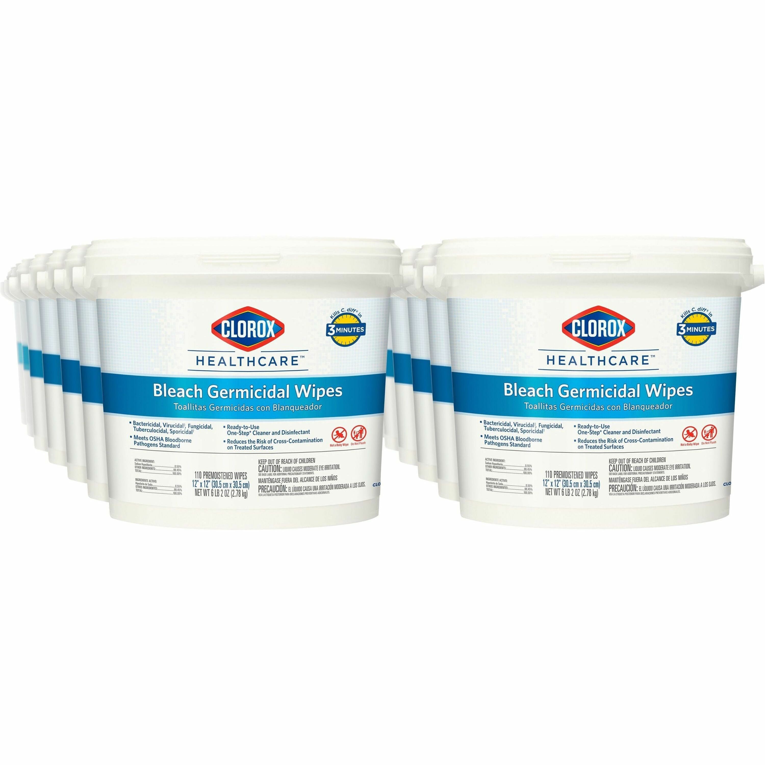 Clorox Healthcare Bleach Germicidal Wipes - Ready-To-Use - 12" Length x 12" Width - 110 / Canister - 50 / Bundle - Anti-corrosive, Antibacterial - White - 1