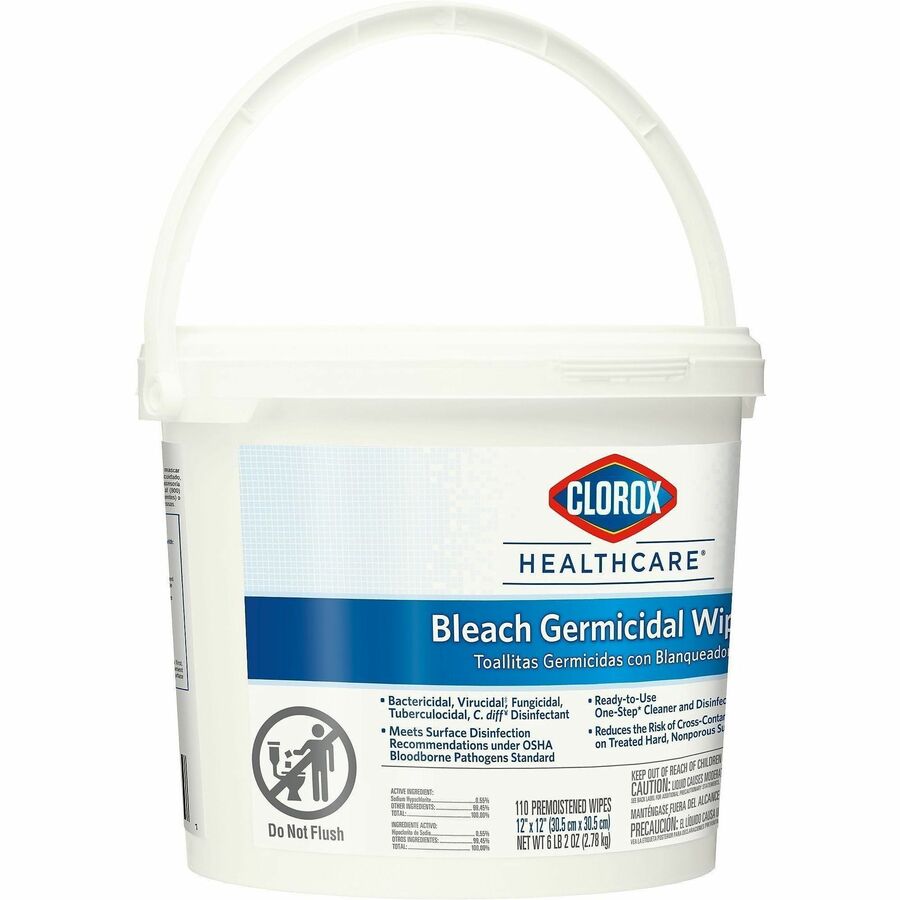 Clorox Healthcare Bleach Germicidal Wipes - Ready-To-Use - 12" Length x 12" Width - 110 / Canister - 50 / Bundle - Anti-corrosive, Antibacterial - White