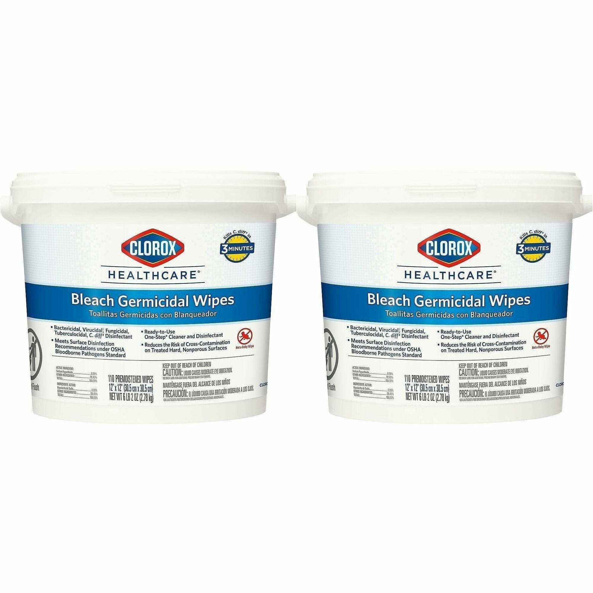 Clorox Healthcare Bleach Germicidal Wipes - Ready-To-Use - 12" Length x 12" Width - 110 / Canister - 50 / Bundle - Anti-corrosive, Antibacterial - White