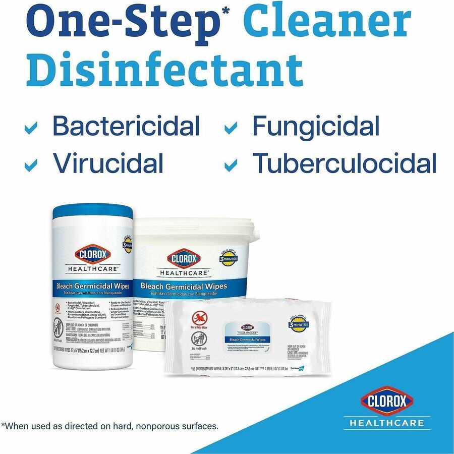 Clorox Healthcare Bleach Germicidal Wipes Refill - Ready-To-Use - 12" Length x 12" Width - 110 / Pack - 100 / Bundle - Anti-corrosive - White