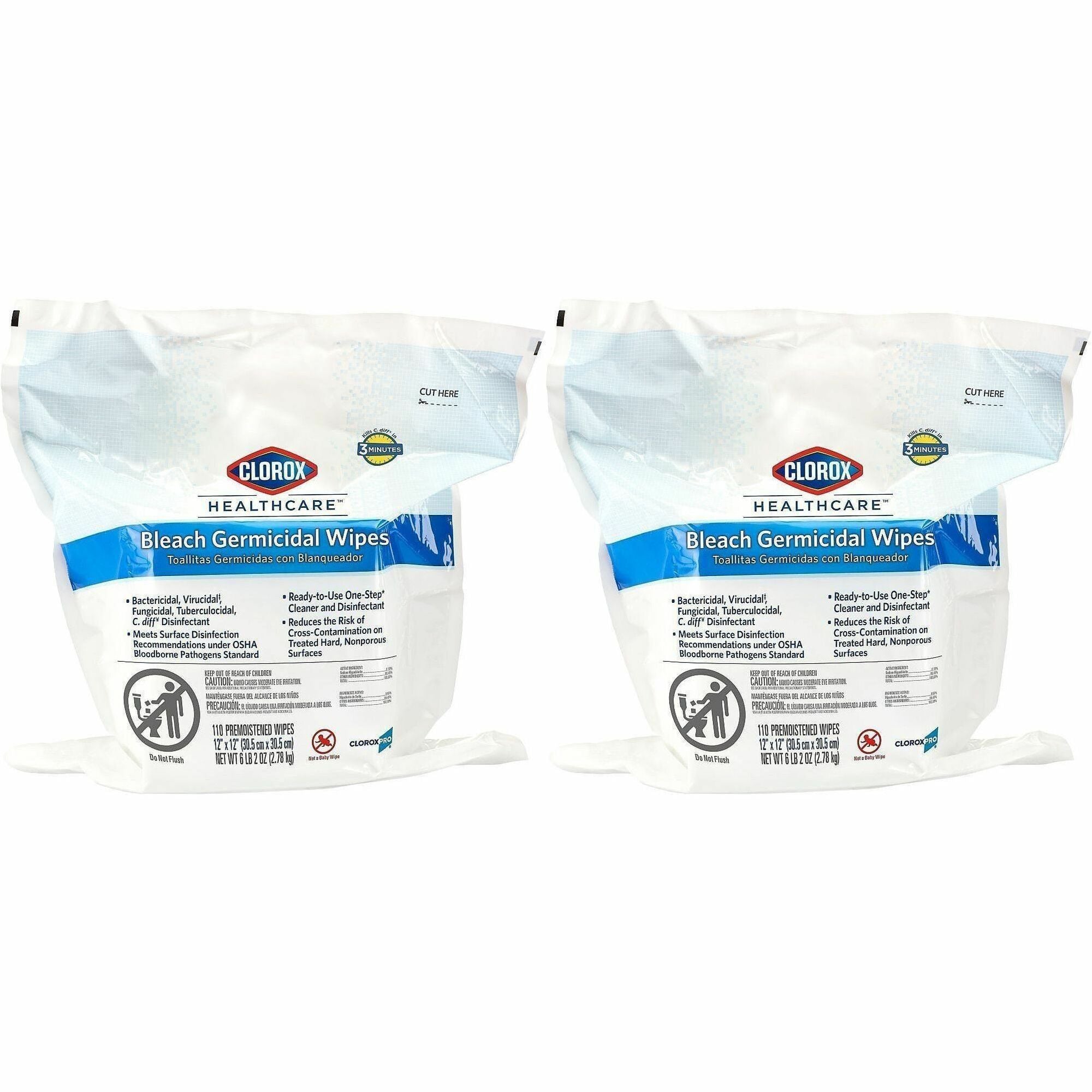 Clorox Healthcare Bleach Germicidal Wipes Refill - Ready-To-Use - 12" Length x 12" Width - 110 / Pack - 100 / Bundle - Anti-corrosive - White