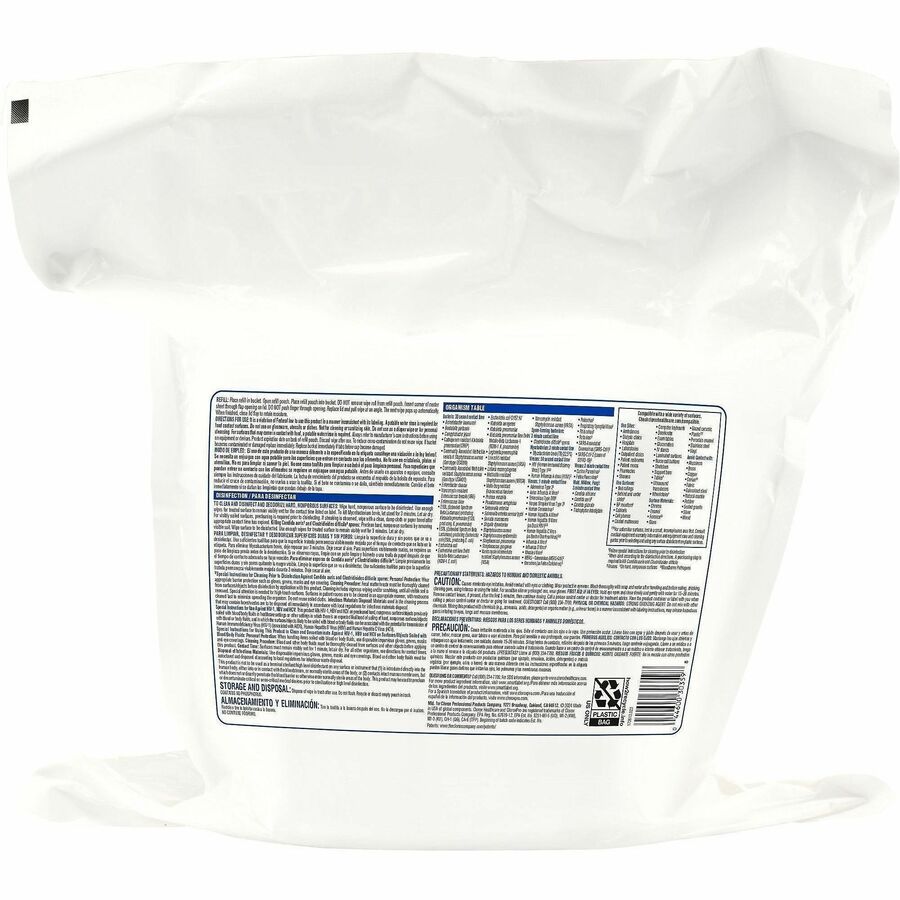 Clorox Healthcare Bleach Germicidal Wipes Refill - Ready-To-Use - 12" Length x 12" Width - 110 / Pack - 100 / Bundle - Anti-corrosive - White