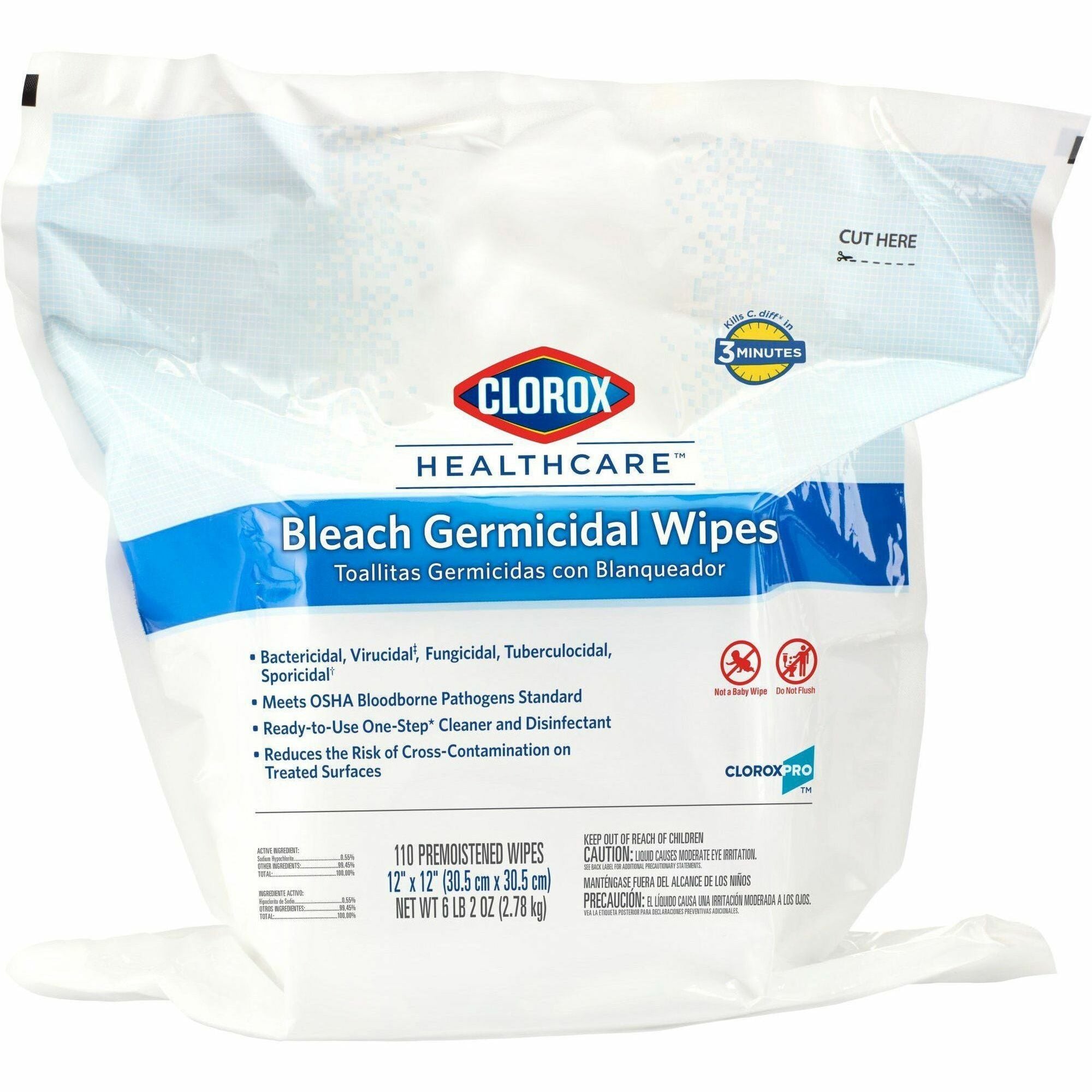Clorox Healthcare Bleach Germicidal Wipes Refill - Ready-To-Use - 12" Length x 12" Width - 110 / Pack - 100 / Bundle - Anti-corrosive - White - 1