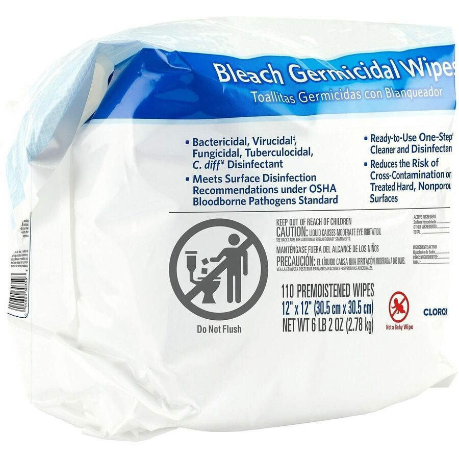 Clorox Healthcare Bleach Germicidal Wipes Refill - Ready-To-Use - 12" Length x 12" Width - 110 / Pack - 200 / Pallet - Anti-corrosive - White