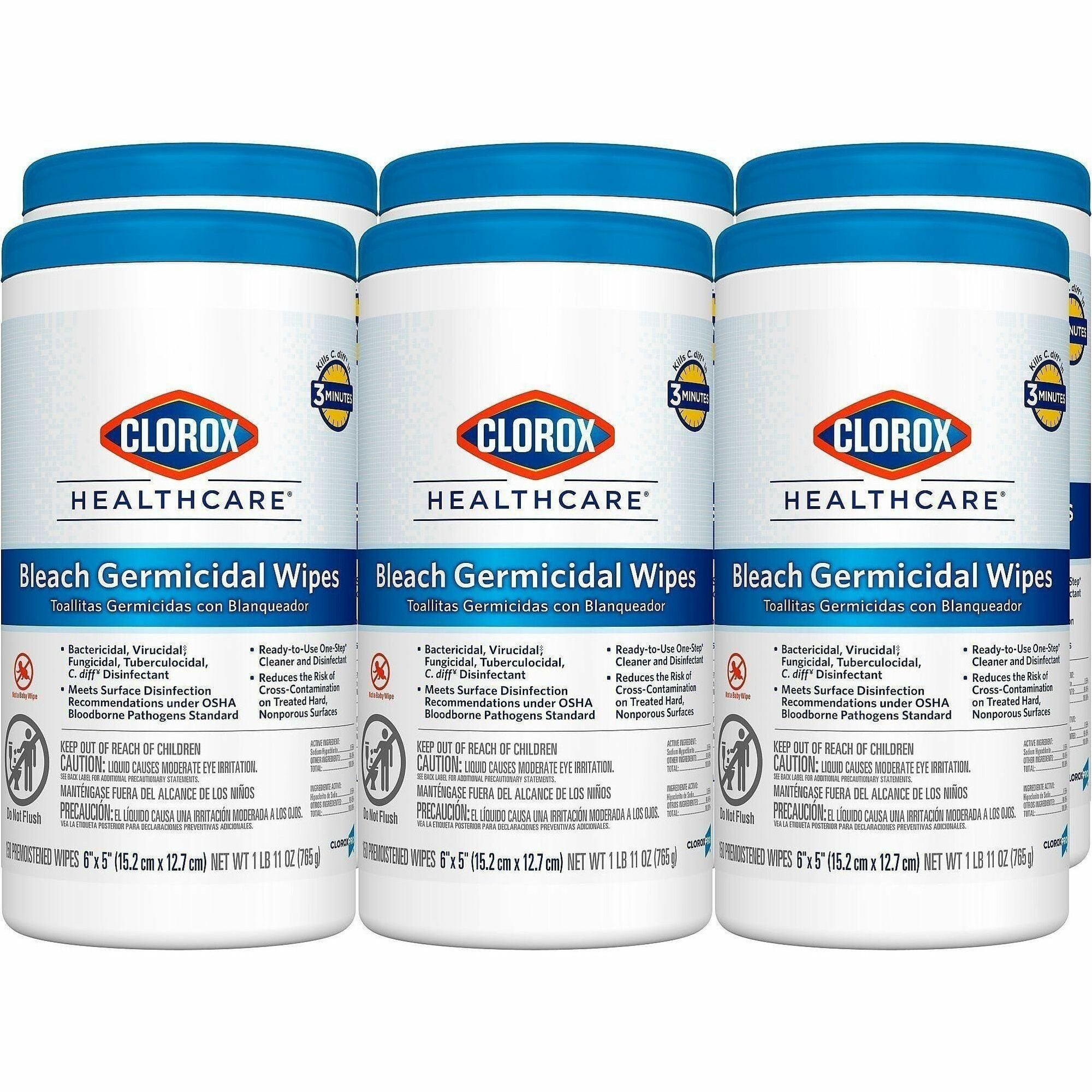 Clorox Healthcare Bleach Germicidal Wipes - Ready-To-Use - 5" Length x 6" Width - 150 / Canister - 150 / Bundle - Anti-corrosive, Residue-free - White
