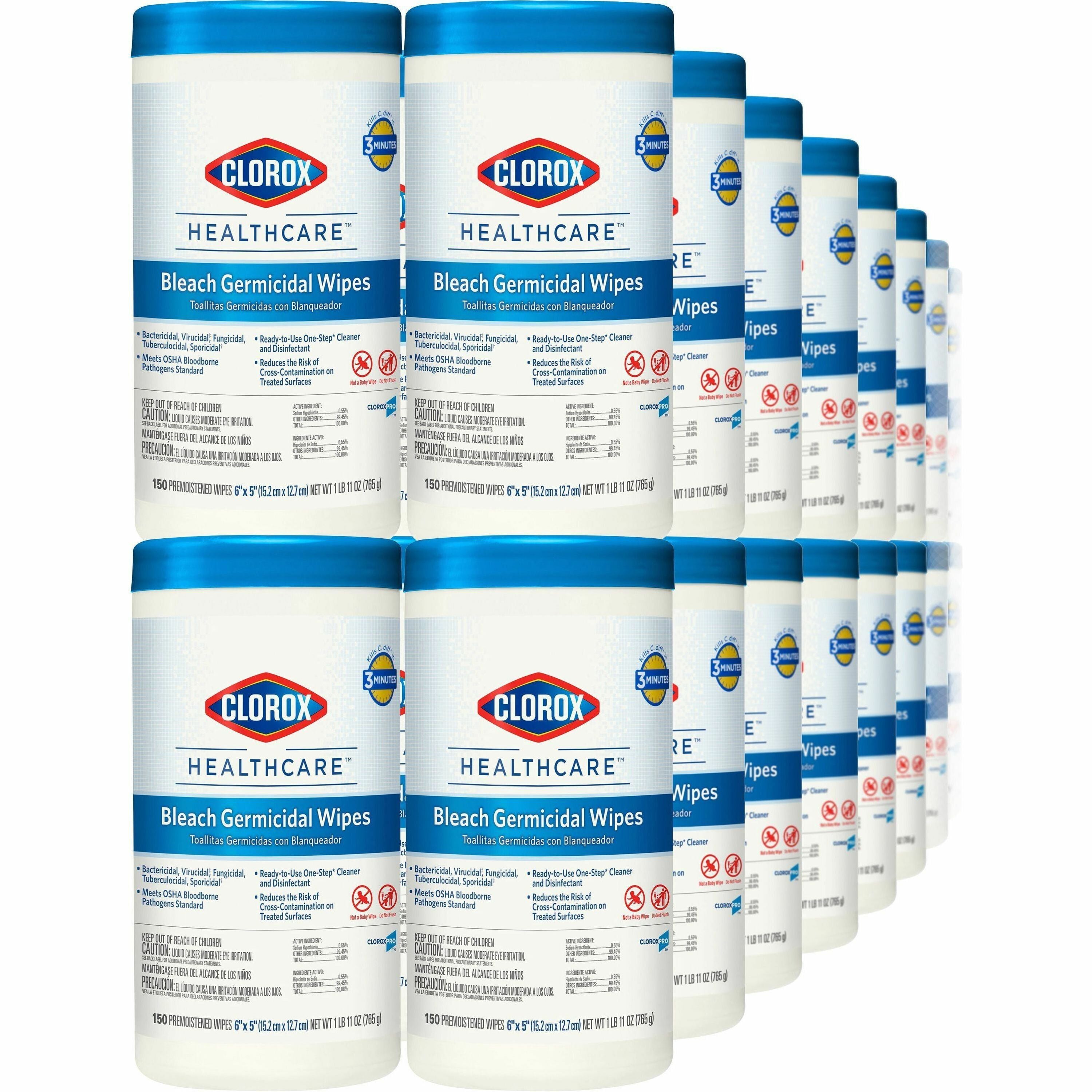 Clorox Healthcare Bleach Germicidal Wipes - Ready-To-Use - 5" Length x 6" Width - 150 / Canister - 150 / Bundle - Anti-corrosive, Residue-free - White - 1