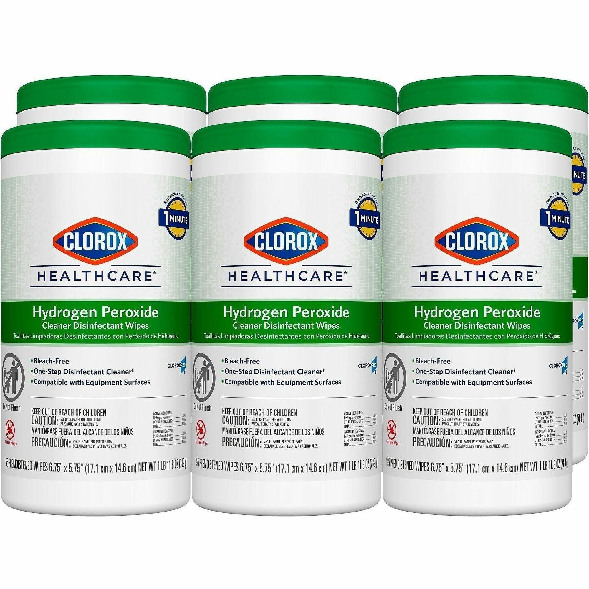 Clorox Healthcare Hydrogen Peroxide Cleaner Disinfectant Wipes - 155 / Canister - 6 / Carton - Bleach-free, Antibacterial - White