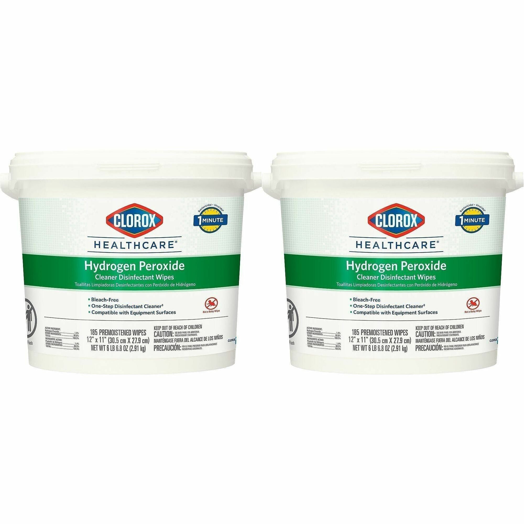 Clorox Healthcare Hydrogen Peroxide Cleaner Disinfectant Wipes - 185 / Bucket - 2 / Carton - Bleach-free, Antibacterial - White