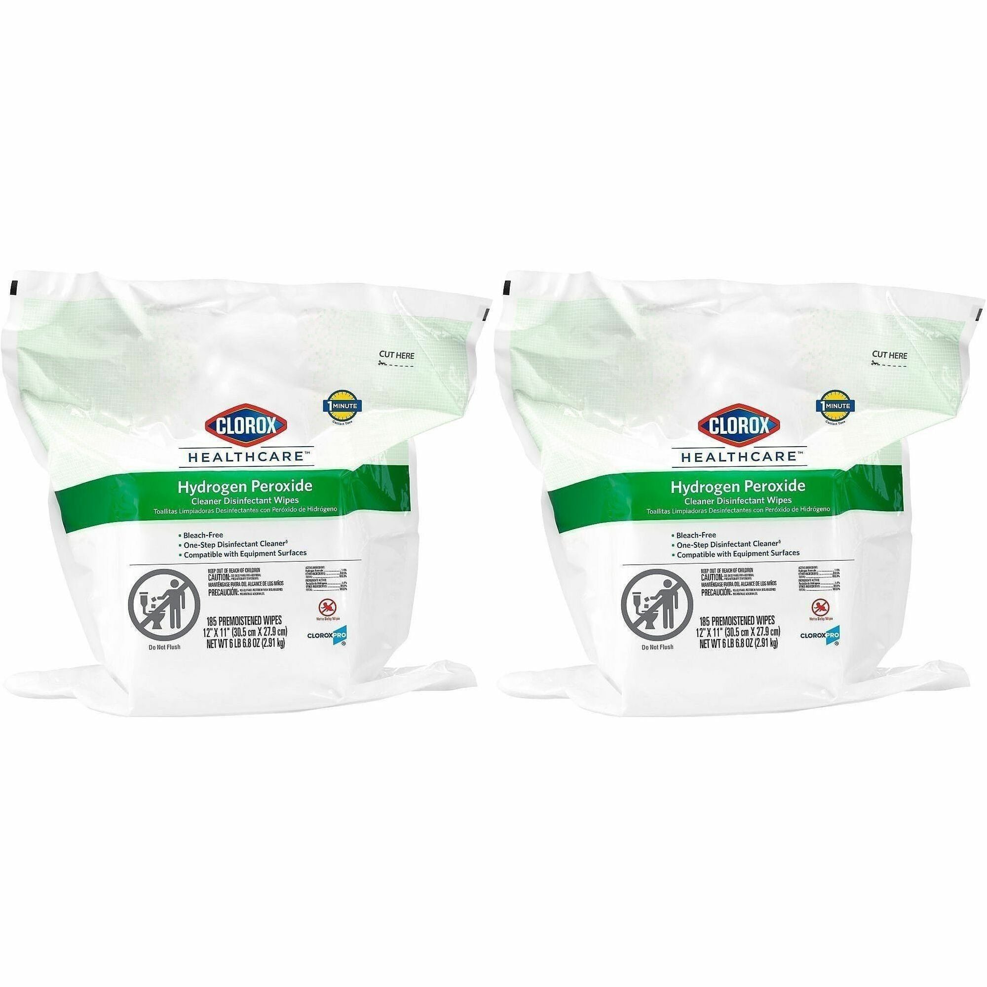 Clorox Healthcare Hydrogen Peroxide Cleaner Disinfectant Wipes - 185 / Pack - 2 / Carton - Bleach-free, Antibacterial - White