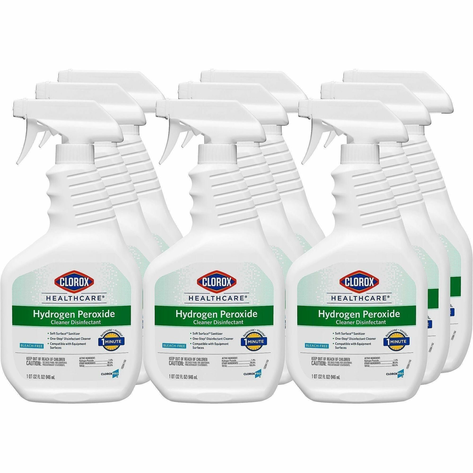 Clorox Healthcare Hydrogen Peroxide Cleaner Disinfectant Spray - 32 fl oz (1 quart) - 216 / Bundle - Bleach-free, Antibacterial - Clear