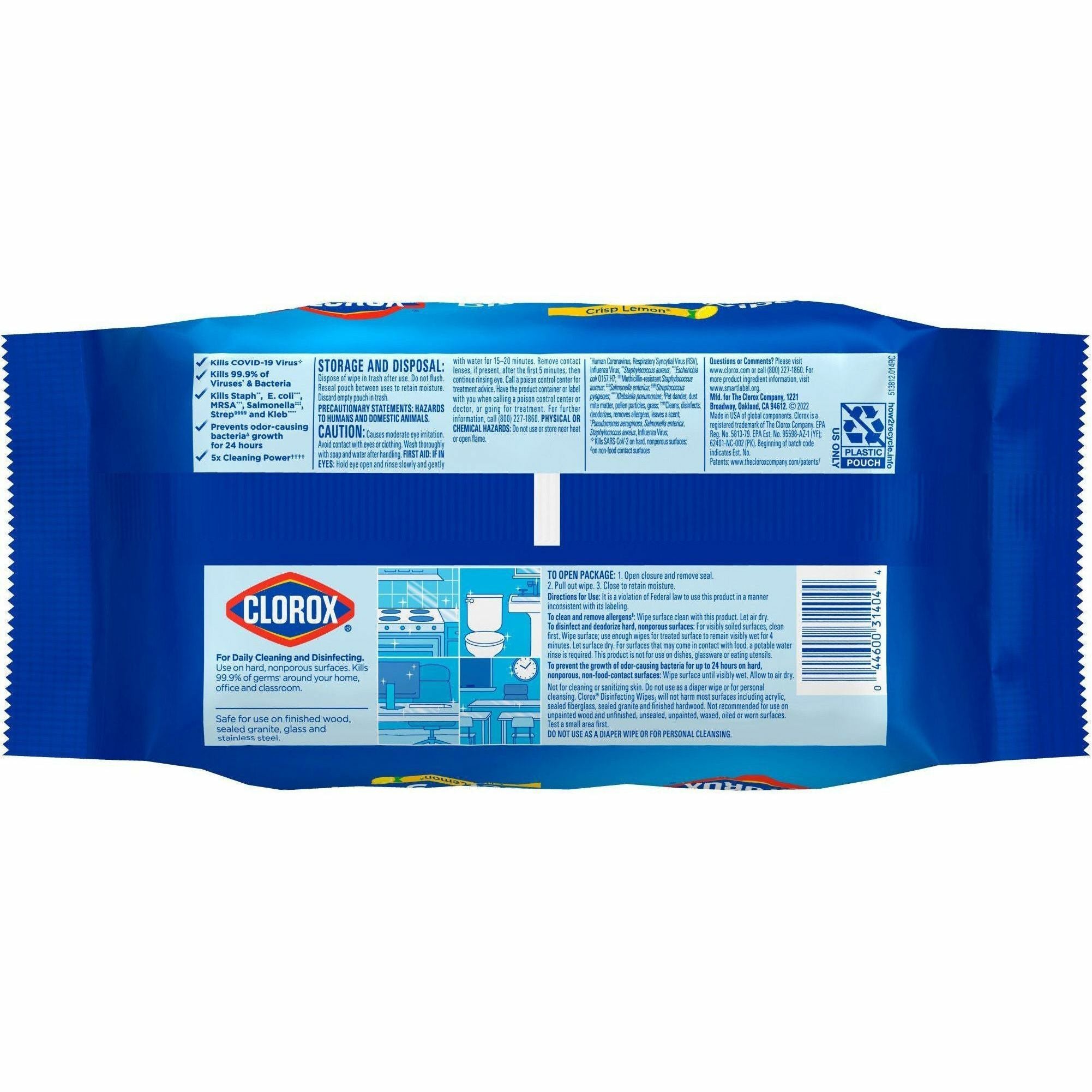 Clorox Bleach-free Disinfecting Cleaning Wipes - Crisp Lemon Scent - 75 / Packet - 300 / Bundle - Bleach-free, Antibacterial - White - 2