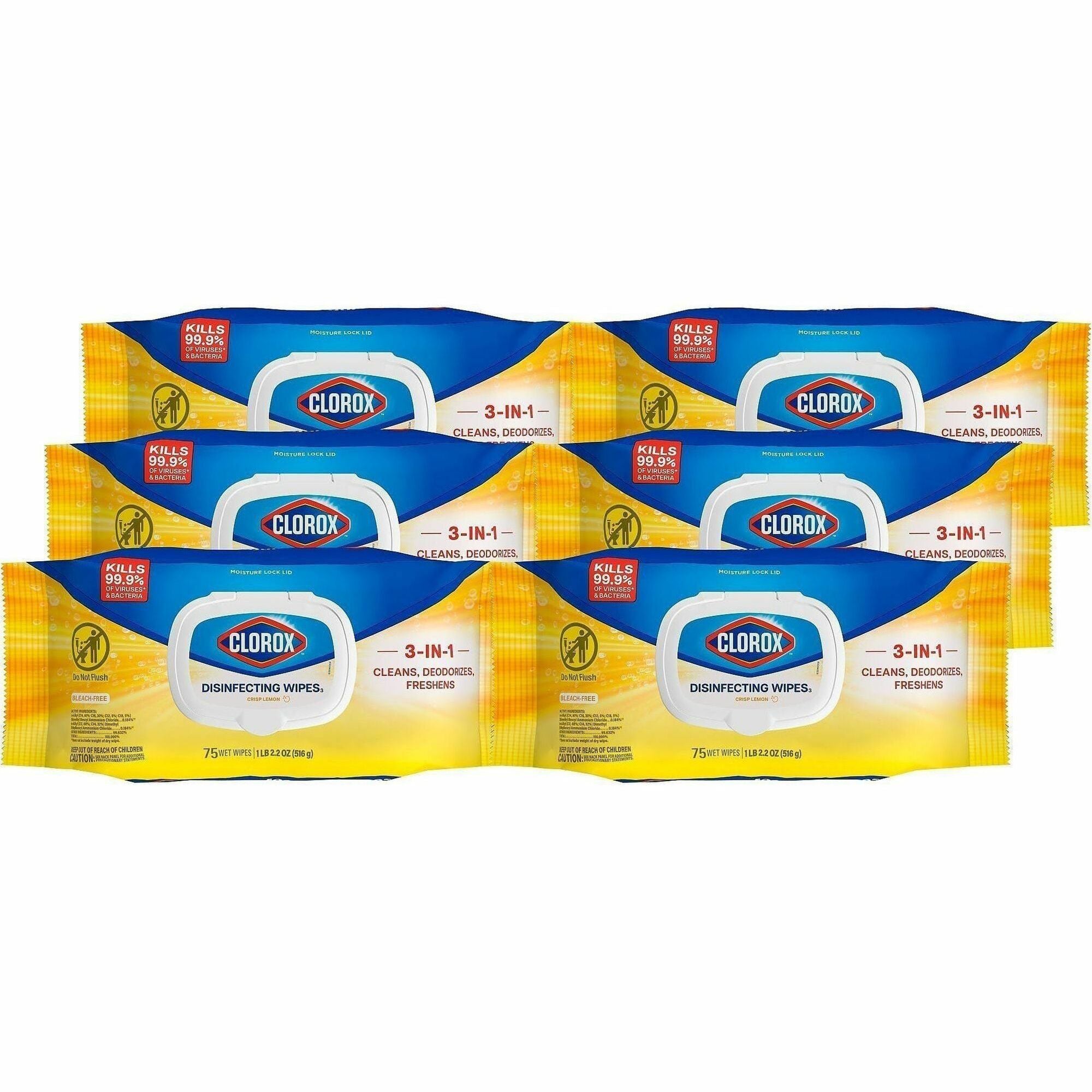 Clorox Bleach-free Disinfecting Cleaning Wipes - Crisp Lemon Scent - 75 / Packet - 300 / Bundle - Bleach-free, Antibacterial - White