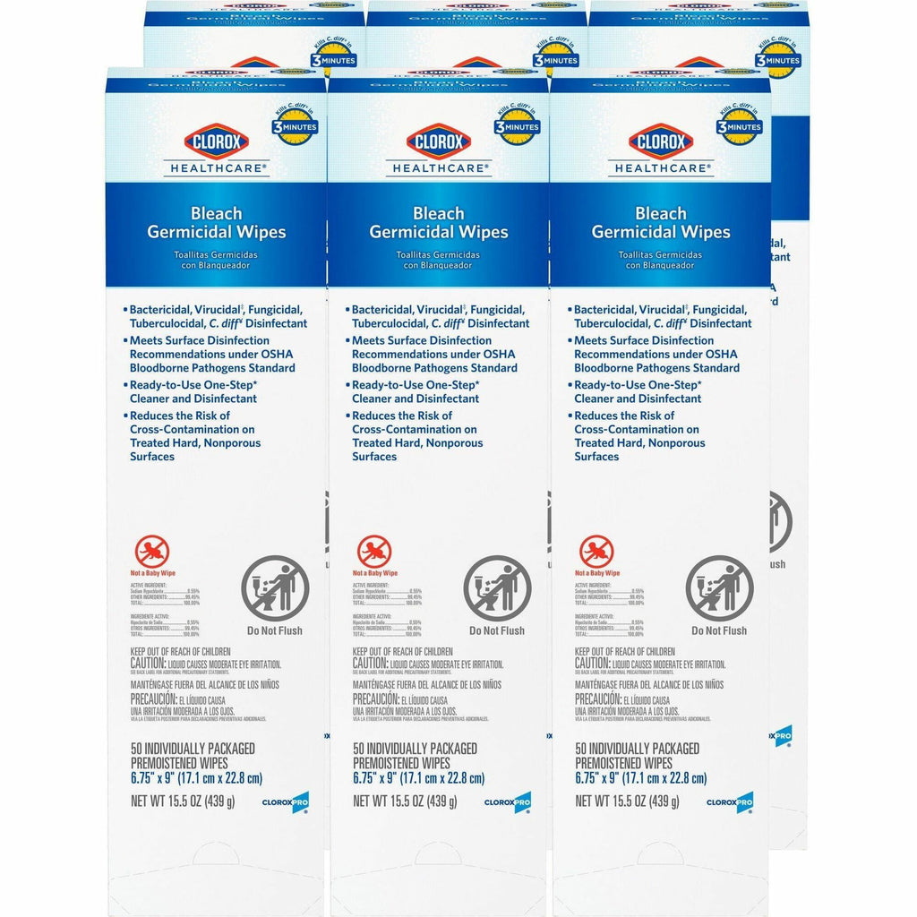 Clorox Healthcare Bleach Germicidal Wipes - Ready-To-Use - 50 / Packet - 6 / Carton - Anti-corrosive - White