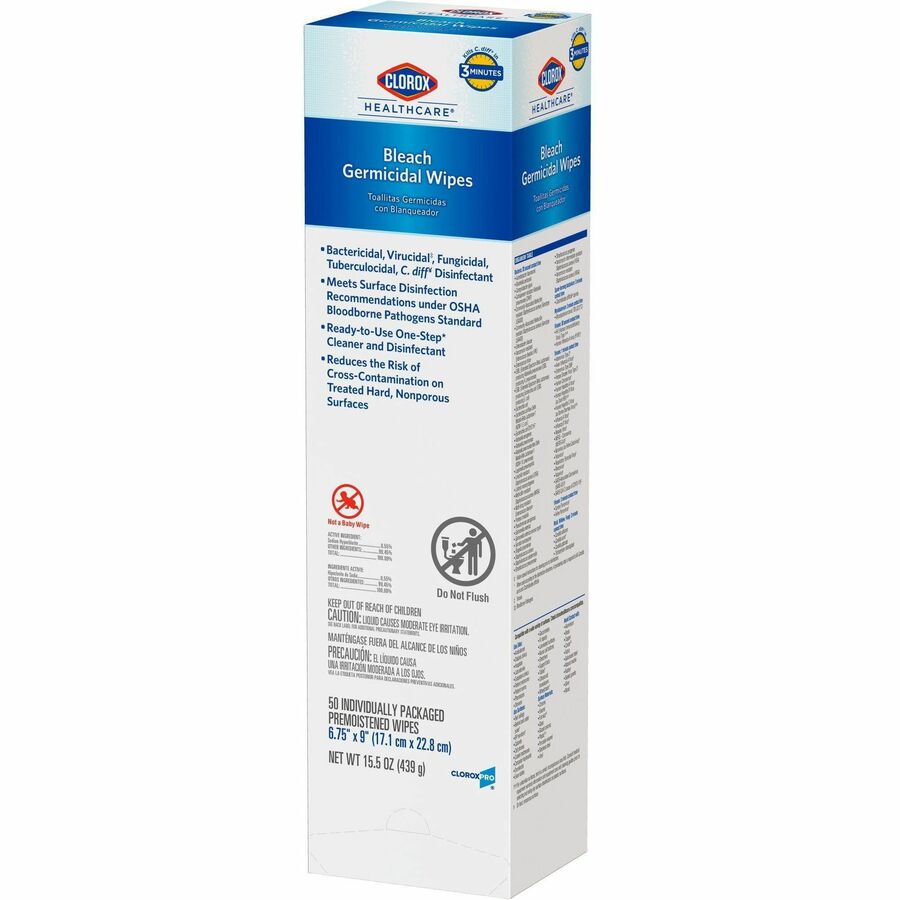 Clorox Healthcare Bleach Germicidal Wipes - Ready-To-Use - 50 / Packet - 6 / Carton - Anti-corrosive - White