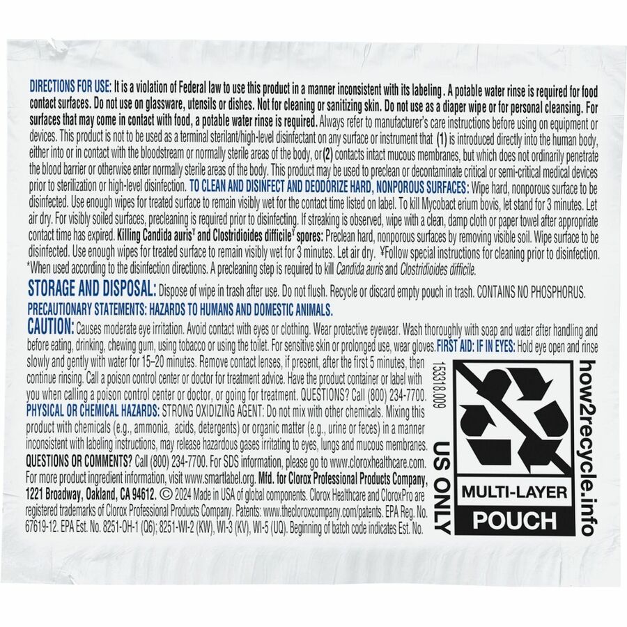 Clorox Healthcare Bleach Germicidal Wipes - Ready-To-Use - 50 / Packet - 6 / Carton - Anti-corrosive - White