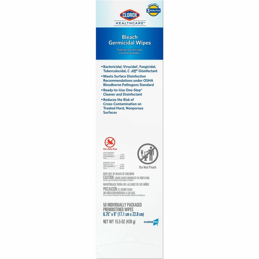 Clorox Healthcare Bleach Germicidal Wipes - Ready-To-Use - 50 / Packet - 6 / Carton - Anti-corrosive - White