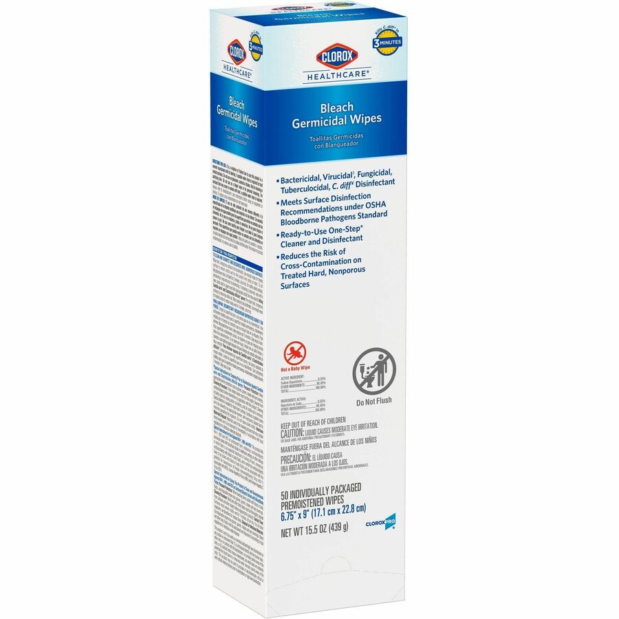 Clorox Healthcare Bleach Germicidal Wipes - Ready-To-Use - 50 / Packet - 6 / Carton - Anti-corrosive - White