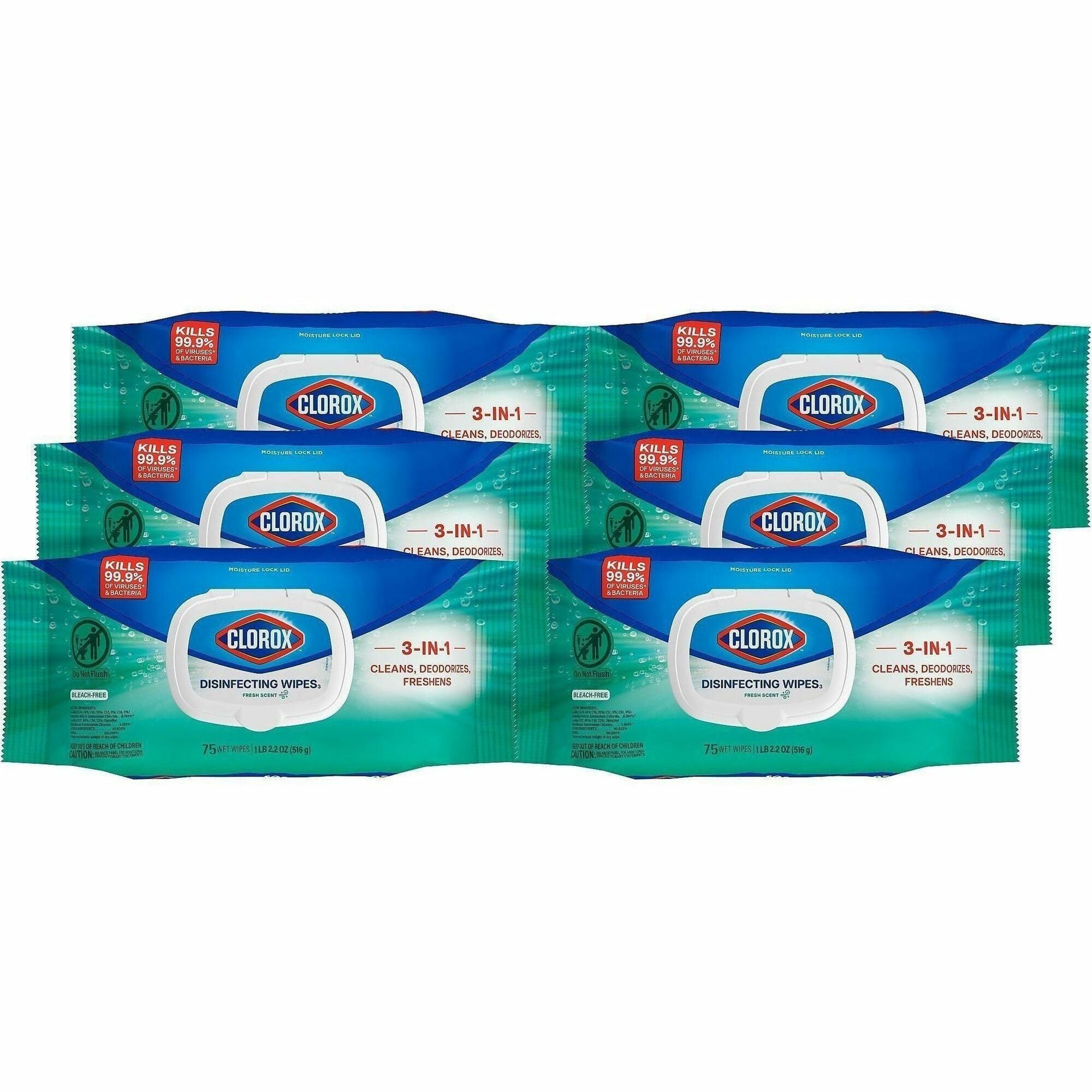 Clorox Disinfecting Cleaning Wipes Value Pack - Bleach-free - Fresh Scent - 75 / Packet - 6 / Carton - Bleach-free, Antibacterial - White