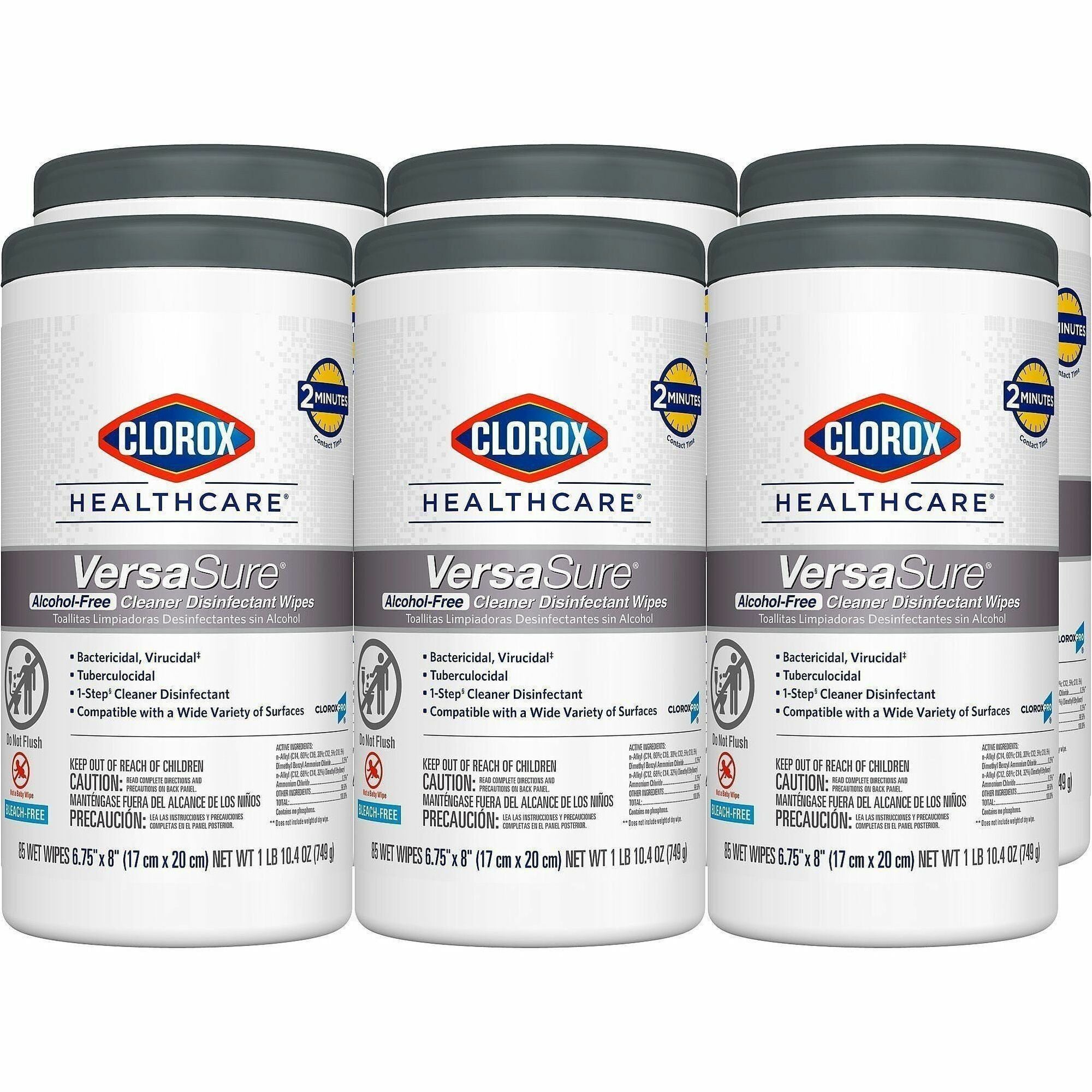 Clorox Healthcare VersaSure Cleaner Disinfectant Wipes - 8" Length x 6.75" Width - 85 / Canister - 6 / Carton - Durable, Alcohol-free, Low Odor, Fragrance-free, Fume-free, Strong - White