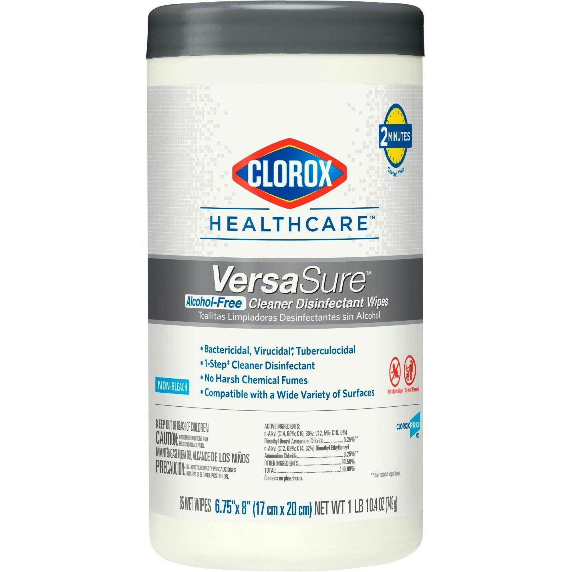 Clorox Healthcare VersaSure Cleaner Disinfectant Wipes - 8" Length x 6.75" Width - 85 / Canister - 450 / Pallet - Durable, Alcohol-free, Low Odor, Fragrance-free, Fume-free, Strong - White - 1