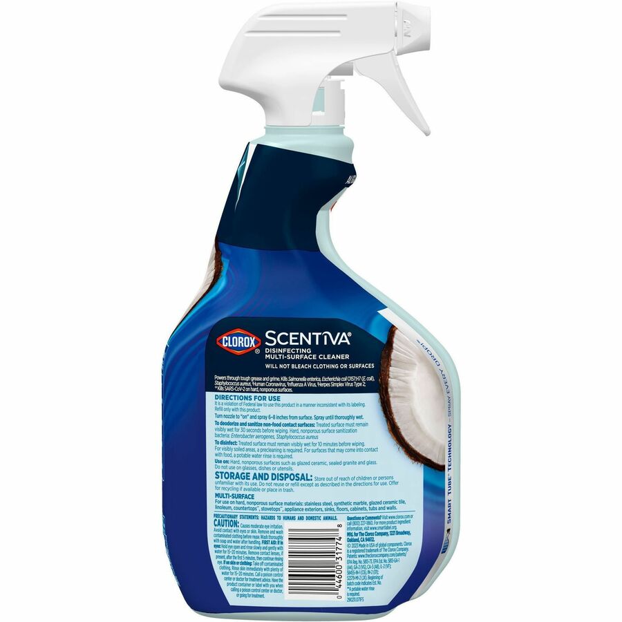 Clorox Scentiva Bleach-free Multi-Surface Cleaner - 32 fl oz (1 quart) - Pacific Breeze & Coconut Scent - 6 / Carton - Bleach-free, Disinfectant, Deodorize - White
