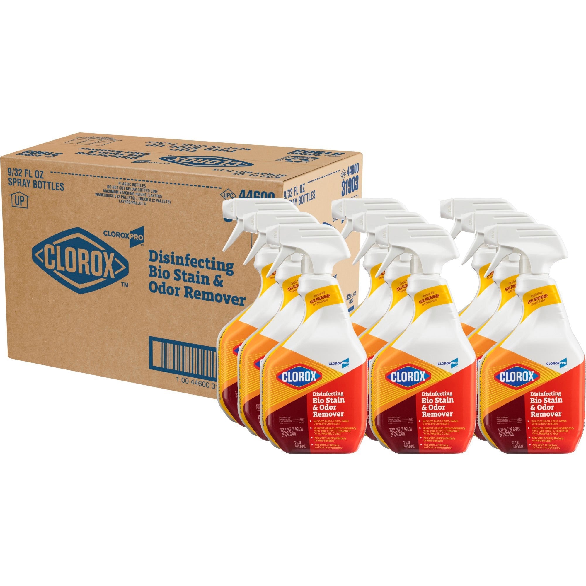 CloroxPro Disinfecting Bio Stain & Odor Remover Spray - Ready-To-Use - 32 fl oz (1 quart) - 9 / Carton - Deodorize, Bleach-free, Disinfectant, Antibacterial - Translucent - 1