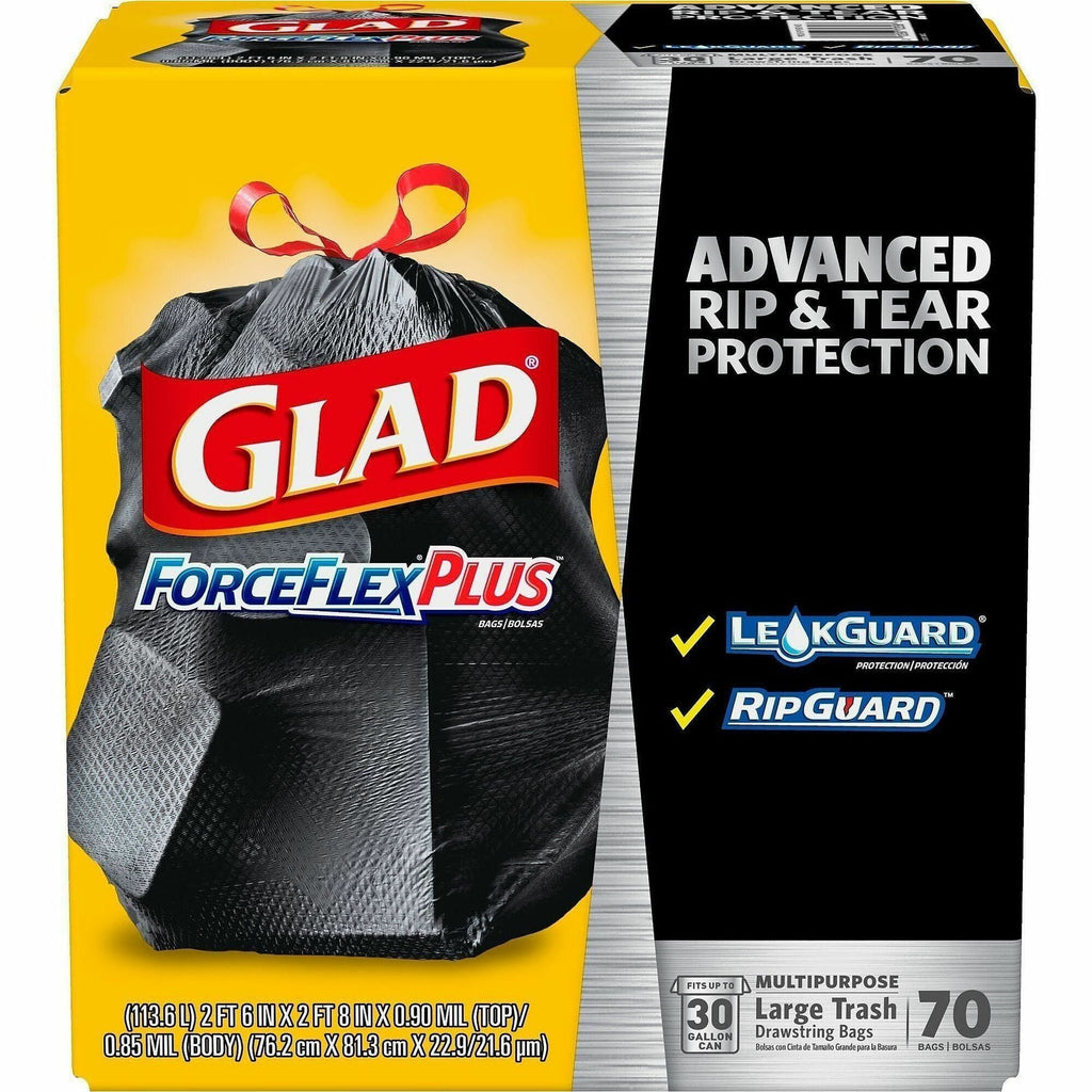 Glad Large Drawstring Trash Bags - ForceFlexPlus - 30 gal Capacity - 1.05 mil (27 Micron) Thickness - Drawstring Closure - Black - 4900/Bundle - 70 Per Box - Kitchen, Outdoor, Commercial, Office