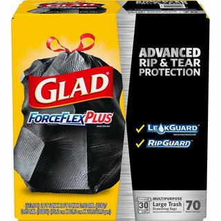 Glad Large Drawstring Trash Bags - ForceFlexPlus - 30 gal Capacity - 1.05 mil (27 Micron) Thickness - Drawstring Closure - Black - 4900/Bundle - 70 Per Box - Kitchen, Outdoor, Commercial, Office
