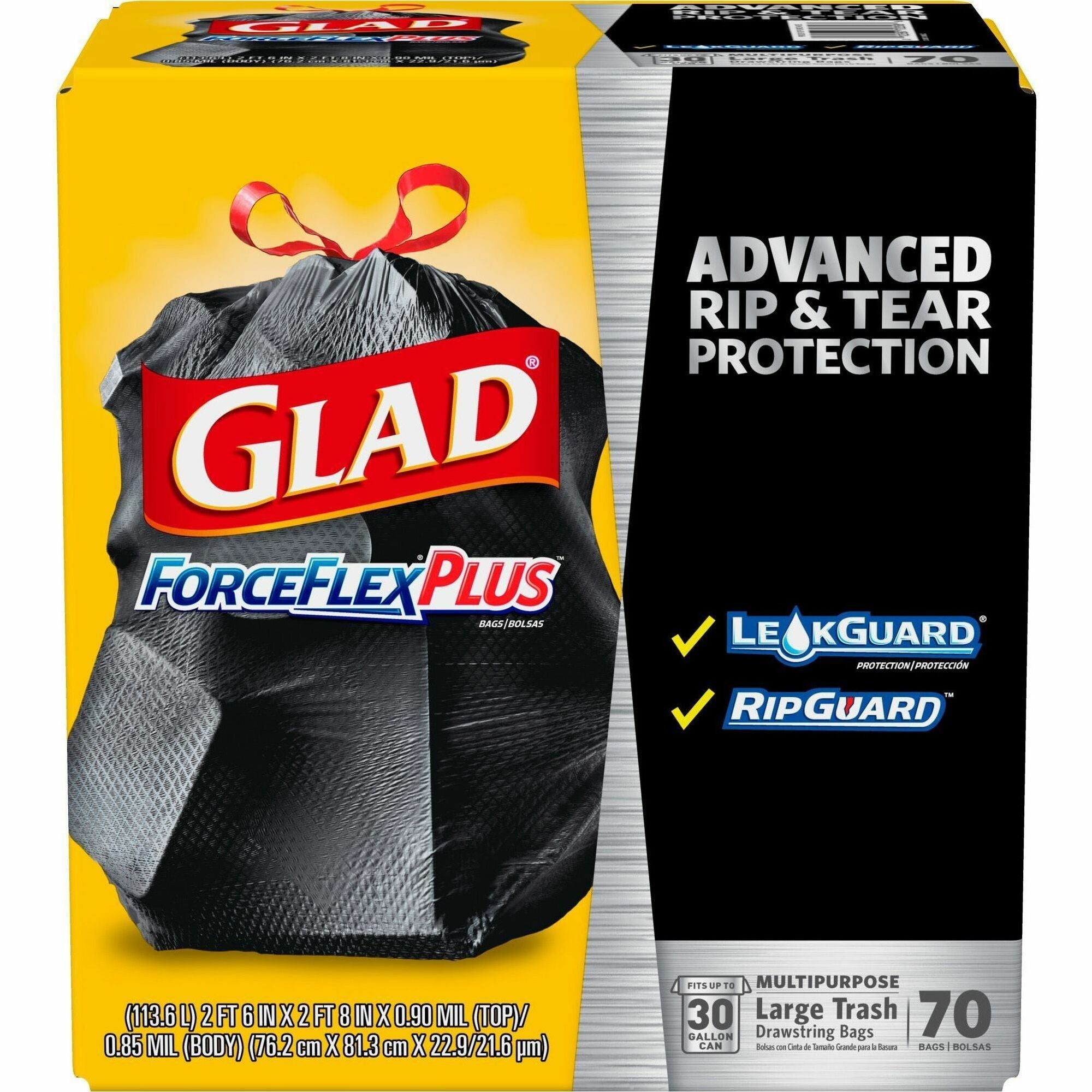 Glad Large Drawstring Trash Bags - ForceFlexPlus - 30 gal Capacity - 1.05 mil (27 Micron) Thickness - Drawstring Closure - Black - 4900/Bundle - 70 Per Box - Kitchen, Outdoor, Commercial, Office - 1
