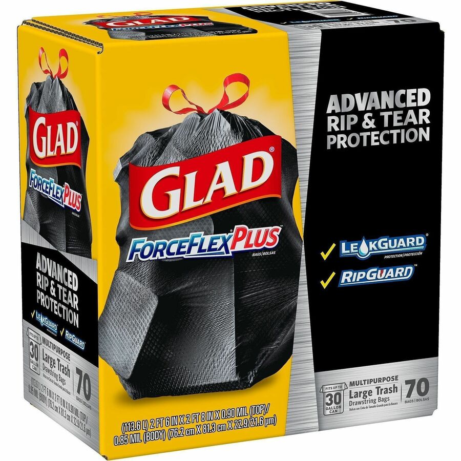 Glad Large Drawstring Trash Bags - ForceFlexPlus - 30 gal Capacity - 1.05 mil (27 Micron) Thickness - Drawstring Closure - Black - 4900/Bundle - 70 Per Box - Kitchen, Outdoor, Commercial, Office