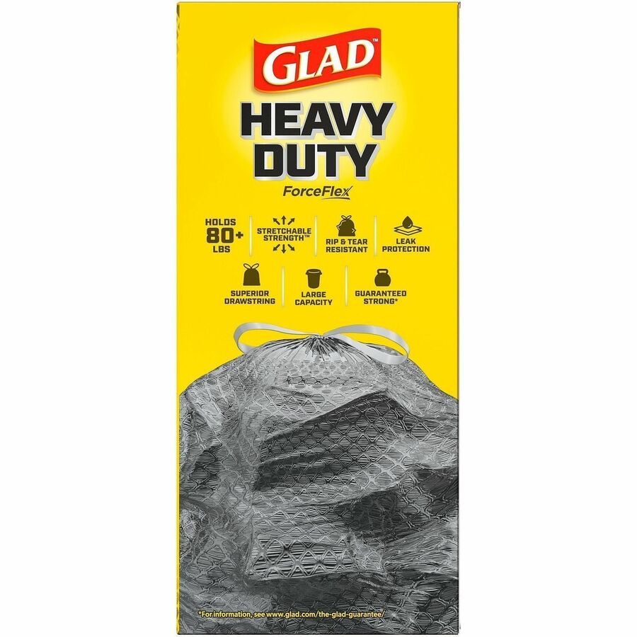 Glad ForceFlexPlus Large Drawstring Trash Bags - Large Size - 30 gal Capacity - 0.90 mil (23 Micron) Thickness - Drawstring Closure - Black - 6/Carton - 25 Per Box - Home, Office, Can