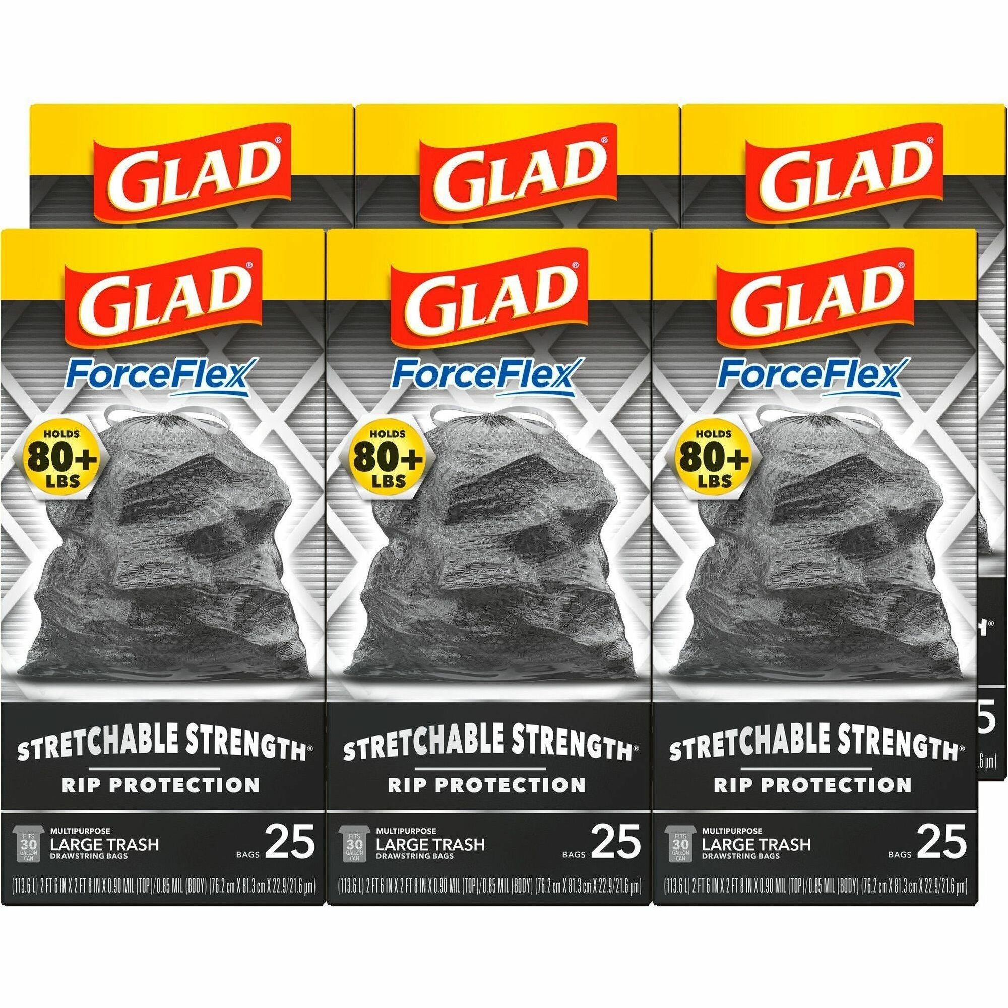 Glad ForceFlexPlus Large Drawstring Trash Bags - Large Size - 30 gal Capacity - 0.90 mil (23 Micron) Thickness - Drawstring Closure - Black - 6/Carton - 25 Per Box - Home, Office, Can - 1