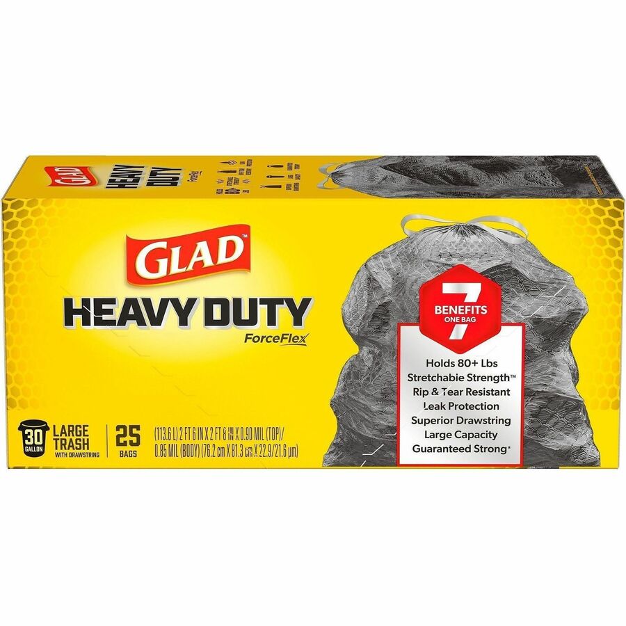 Glad ForceFlexPlus Large Drawstring Trash Bags - Large Size - 30 gal Capacity - 0.90 mil (23 Micron) Thickness - Drawstring Closure - Black - 6/Carton - 25 Per Box - Home, Office, Can