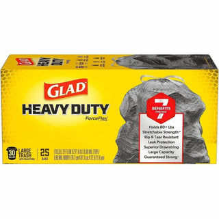 Glad ForceFlexPlus Large Drawstring Trash Bags - Large Size - 30 gal Capacity - 0.90 mil (23 Micron) Thickness - Drawstring Closure - Black - 6/Carton - 25 Per Box - Home, Office, Can