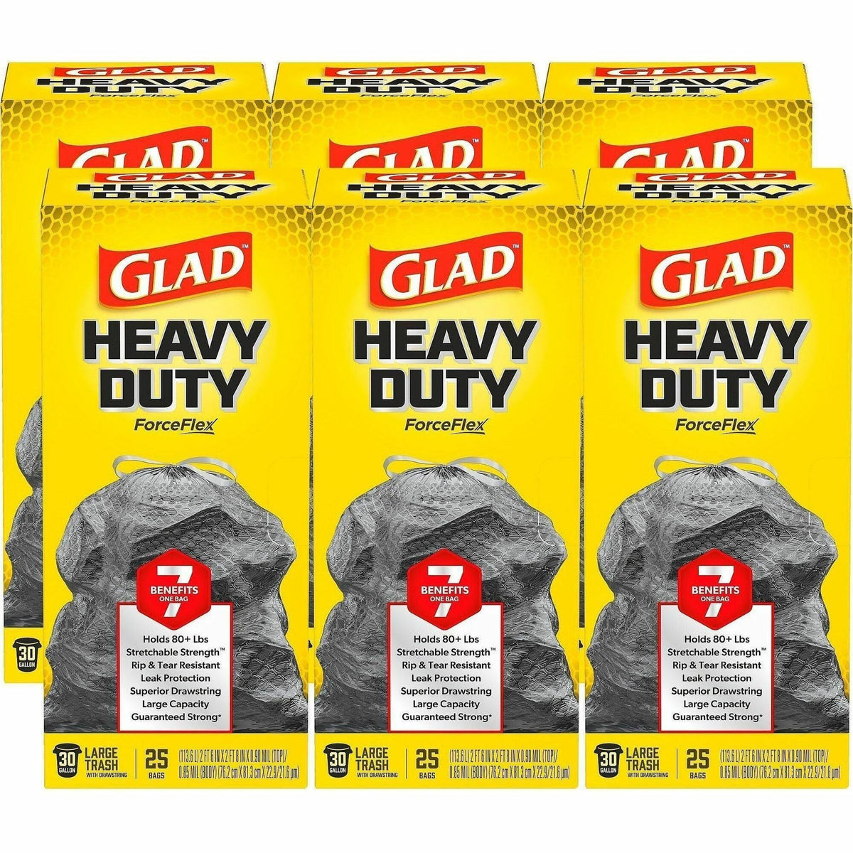 Glad ForceFlexPlus Large Drawstring Trash Bags - Large Size - 30 gal Capacity - 0.90 mil (23 Micron) Thickness - Drawstring Closure - Black - 6/Carton - 25 Per Box - Home, Office, Can