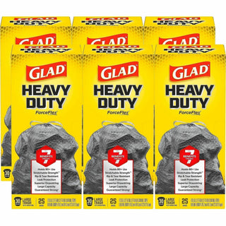 Glad ForceFlexPlus Large Drawstring Trash Bags - Large Size - 30 gal Capacity - 0.90 mil (23 Micron) Thickness - Drawstring Closure - Black - 6/Carton - 25 Per Box - Home, Office, Can