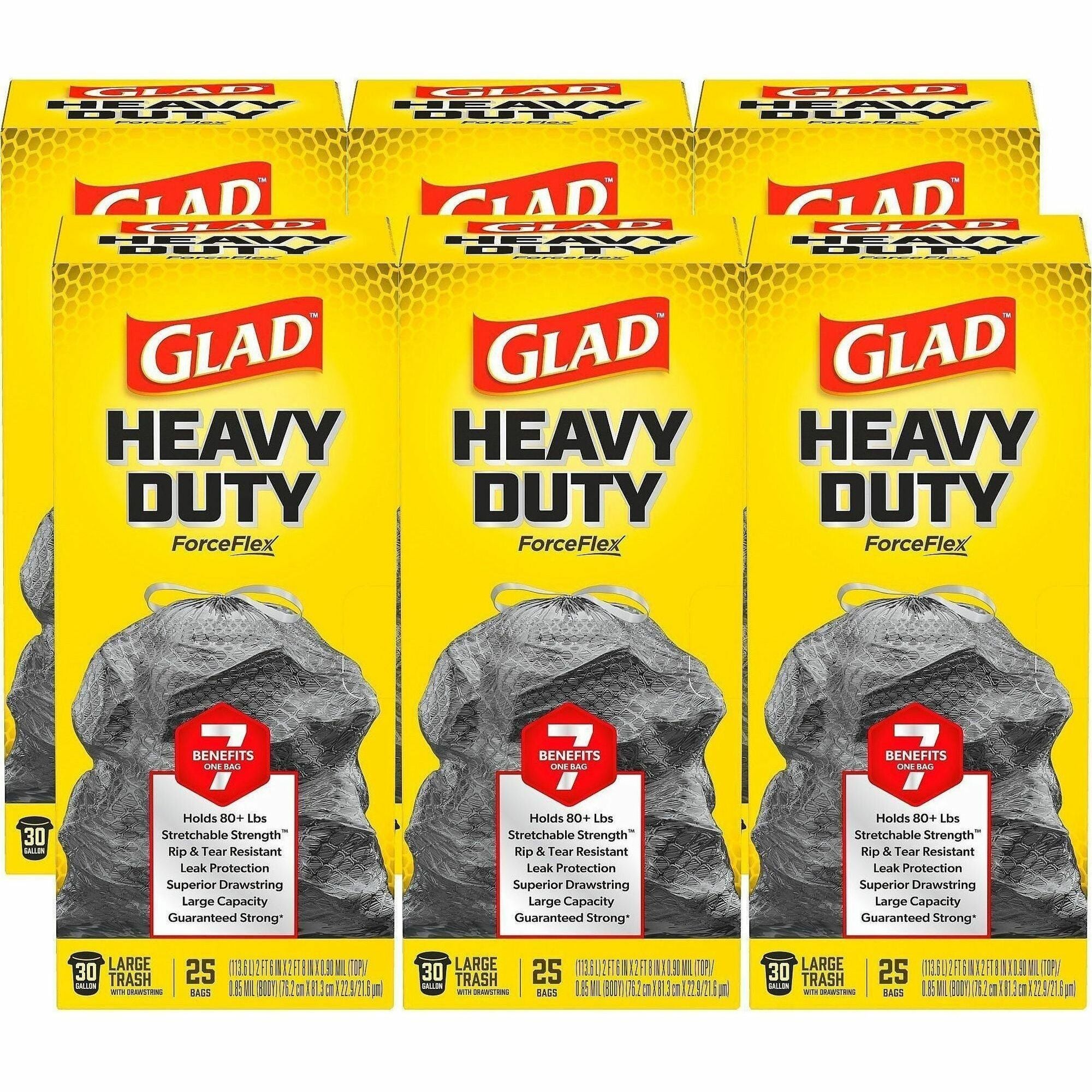 Glad ForceFlexPlus Large Drawstring Trash Bags - Large Size - 30 gal Capacity - 0.90 mil (23 Micron) Thickness - Drawstring Closure - Black - 6/Carton - 25 Per Box - Home, Office, Can