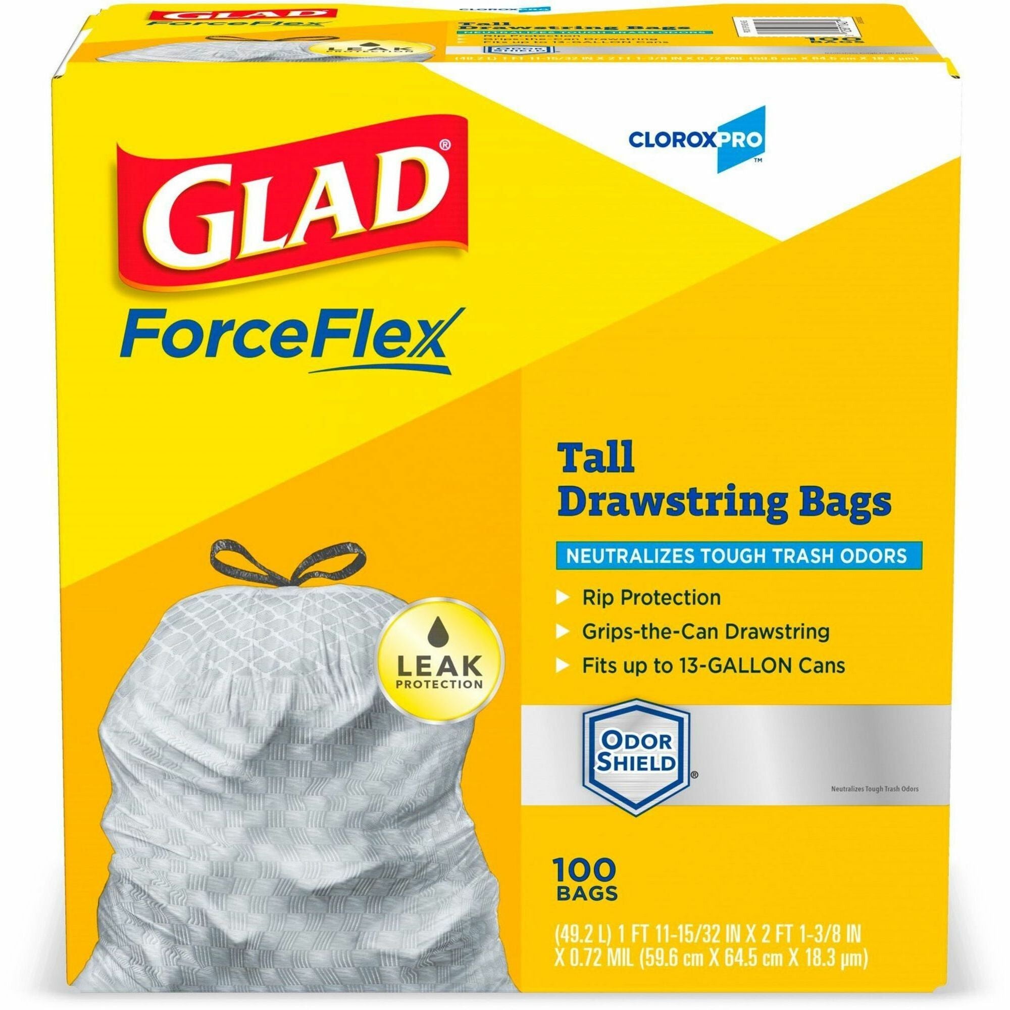 CloroxPro ForceFlex Tall Kitchen Drawstring Trash Bags - 13 gal Capacity - 0.90 mil (23 Micron) Thickness - Drawstring Closure - Gray - 78/Carton - 100 Per Box - Kitchen, Can, Office, Breakroom, School, Restaurant, Commercial, Cafeteria - 1