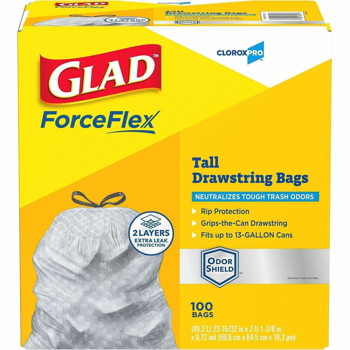CloroxPro ForceFlex Tall Kitchen Drawstring Trash Bags - 13 gal Capacity - 0.90 mil (23 Micron) Thickness - Drawstring Closure - Gray - 78/Carton - 100 Per Box - Kitchen, Can, Office, Breakroom, School, Restaurant, Commercial, Cafeteria