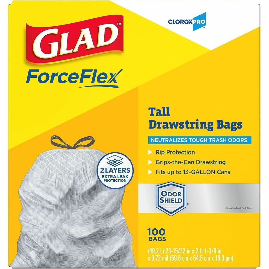 CloroxPro ForceFlex Tall Kitchen Drawstring Trash Bags - 13 gal Capacity - 0.90 mil (23 Micron) Thickness - Drawstring Closure - Gray - 78/Carton - 100 Per Box - Kitchen, Can, Office, Breakroom, School, Restaurant, Commercial, Cafeteria