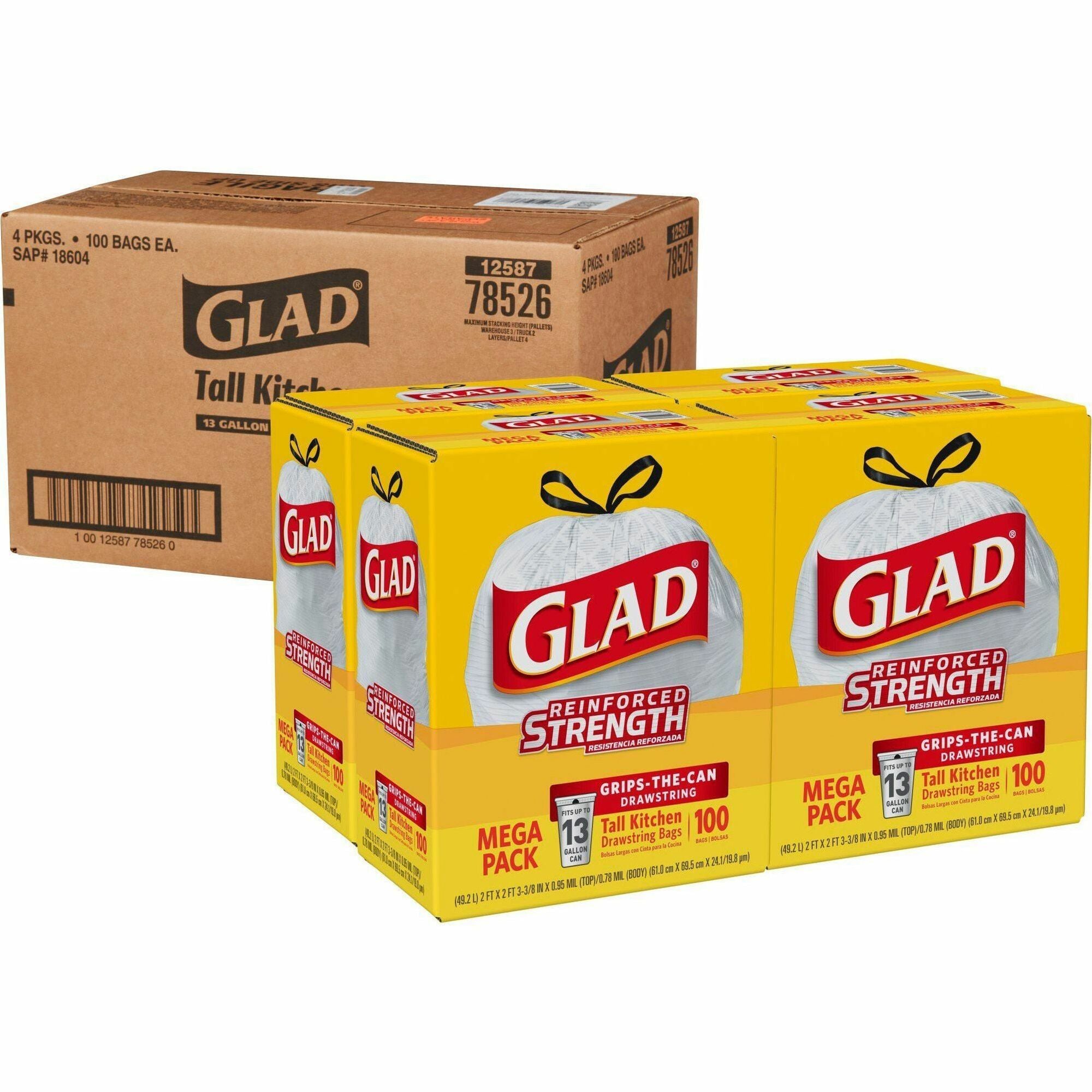 Glad ForceFlex Tall Kitchen Drawstring Trash Bags - 13 gal Capacity - 24" Width x 27" Length - 9 mil (229 Micron) Thickness - Drawstring Closure - White - Plastic - 72/Bundle - 100 Per Box - Kitchen, Office, Day Care, Restaurant, School - 1
