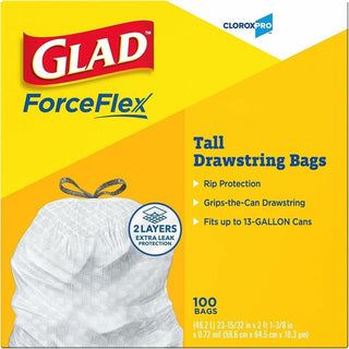Glad ForceFlex Tall Kitchen Drawstring Trash Bags - 13 gal Capacity - 24" Width x 27" Length - 9 mil (229 Micron) Thickness - Drawstring Closure - White - Plastic - 144/Pallet - 100 Per Box - Kitchen, Office, Day Care, Restaurant, School