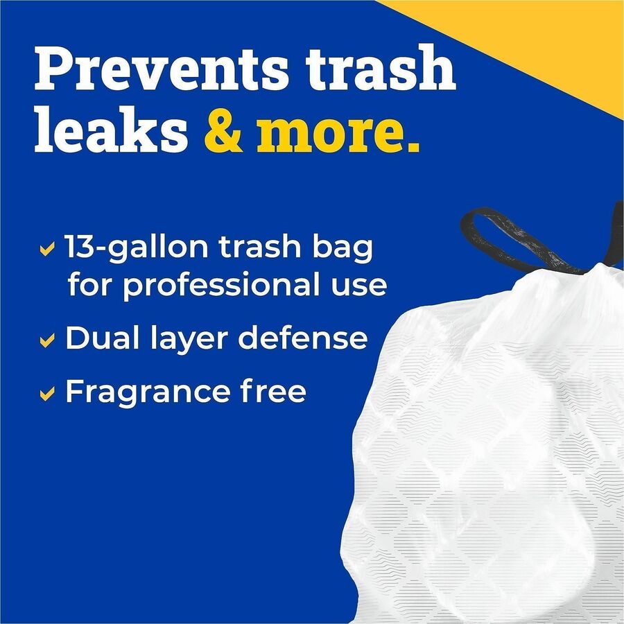 Glad ForceFlex Tall Kitchen Drawstring Trash Bags - 13 gal Capacity - 24" Width x 27" Length - 9 mil (229 Micron) Thickness - Drawstring Closure - White - Plastic - 144/Pallet - 100 Per Box - Kitchen, Office, Day Care, Restaurant, School
