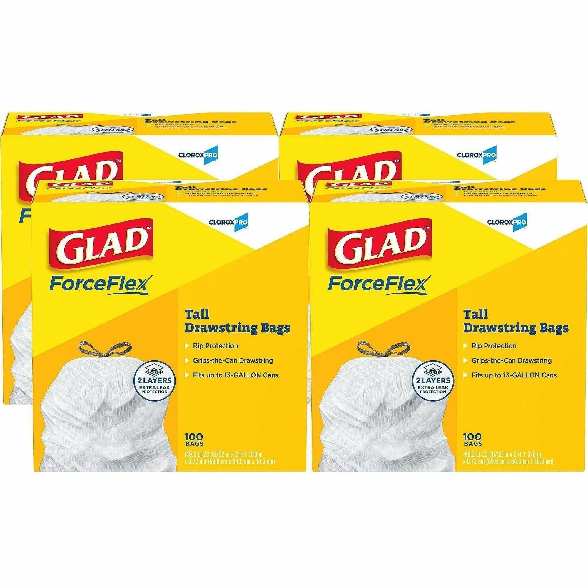 Glad ForceFlex Tall Kitchen Drawstring Trash Bags - 13 gal Capacity - 24" Width x 27" Length - 9 mil (229 Micron) Thickness - Drawstring Closure - White - Plastic - 144/Pallet - 100 Per Box - Kitchen, Office, Day Care, Restaurant, School