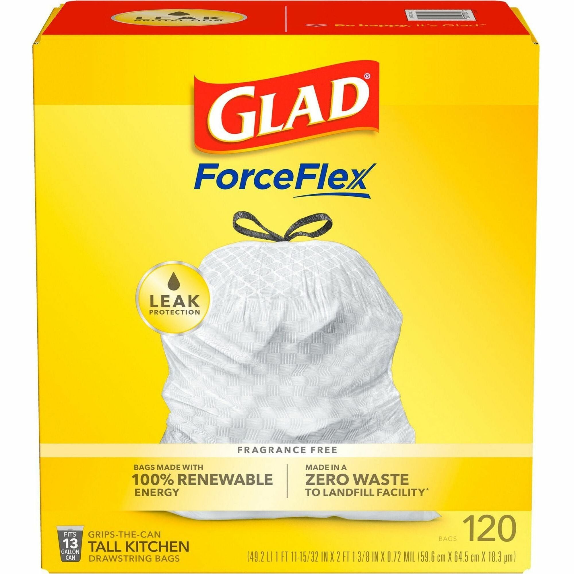 Glad ForceFlex Tall Kitchen Drawstring Trash Bags - 13 gal Capacity - 9 mil (229 Micron) Thickness - Drawstring Closure - White - Plastic - 3/Carton - 120 Per Box - Kitchen, Home, Breakroom, Day Care, Garbage - 1