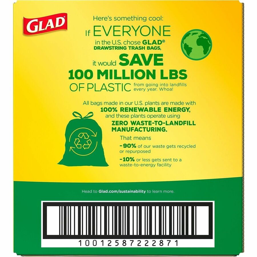 Glad ForceFlex Tall Kitchen Drawstring Trash Bags - 13 gal Capacity - 9 mil (229 Micron) Thickness - Drawstring Closure - White - Plastic - 135/Pallet - 120 Per Box - Home, Breakroom, Day Care, Kitchen, Garbage