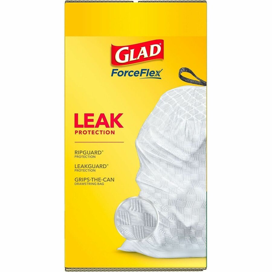 Glad ForceFlex Tall Kitchen Drawstring Trash Bags - 13 gal Capacity - 9 mil (229 Micron) Thickness - Drawstring Closure - White - Plastic - 135/Pallet - 120 Per Box - Home, Breakroom, Day Care, Kitchen, Garbage