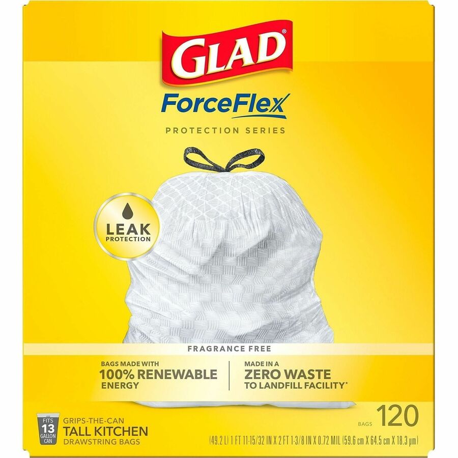 Glad ForceFlex Tall Kitchen Drawstring Trash Bags - 13 gal Capacity - 9 mil (229 Micron) Thickness - Drawstring Closure - White - Plastic - 135/Pallet - 120 Per Box - Home, Breakroom, Day Care, Kitchen, Garbage